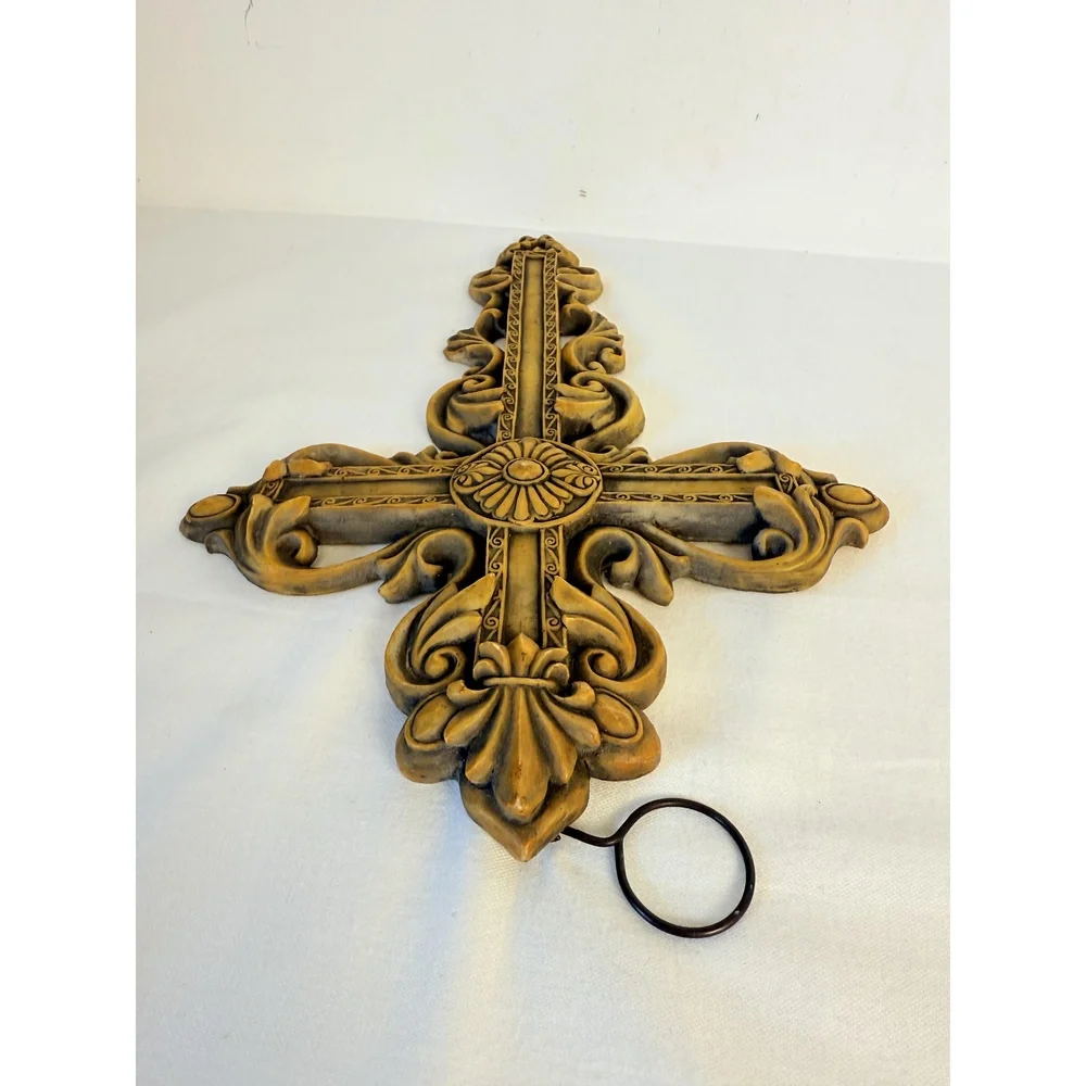 Ornate Gold Decorative Floral Fleur-de- lis Hanging Hook Baroque Wall Cross - Picture 9 of 13
